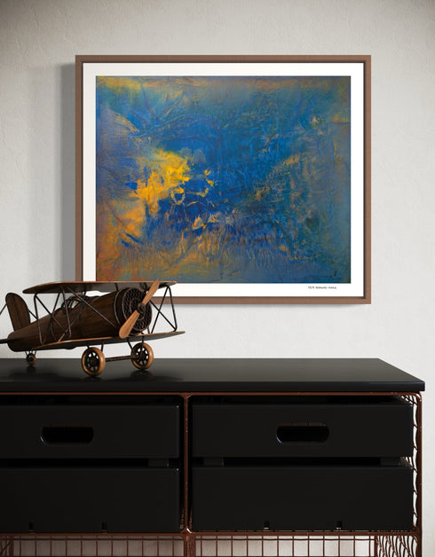 Convection is a Limited Edition Print by Seth B. Minkin, with vivid hues and abstract forms, capturing the dynamic energy and vibrant interplay of rich blue, gold and earth tones.